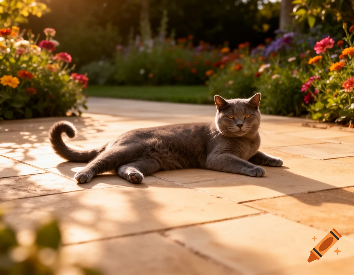 A photorealistic image of a gray cat with orange eyes lying on a sunlit stone patio in a vibrant garden.