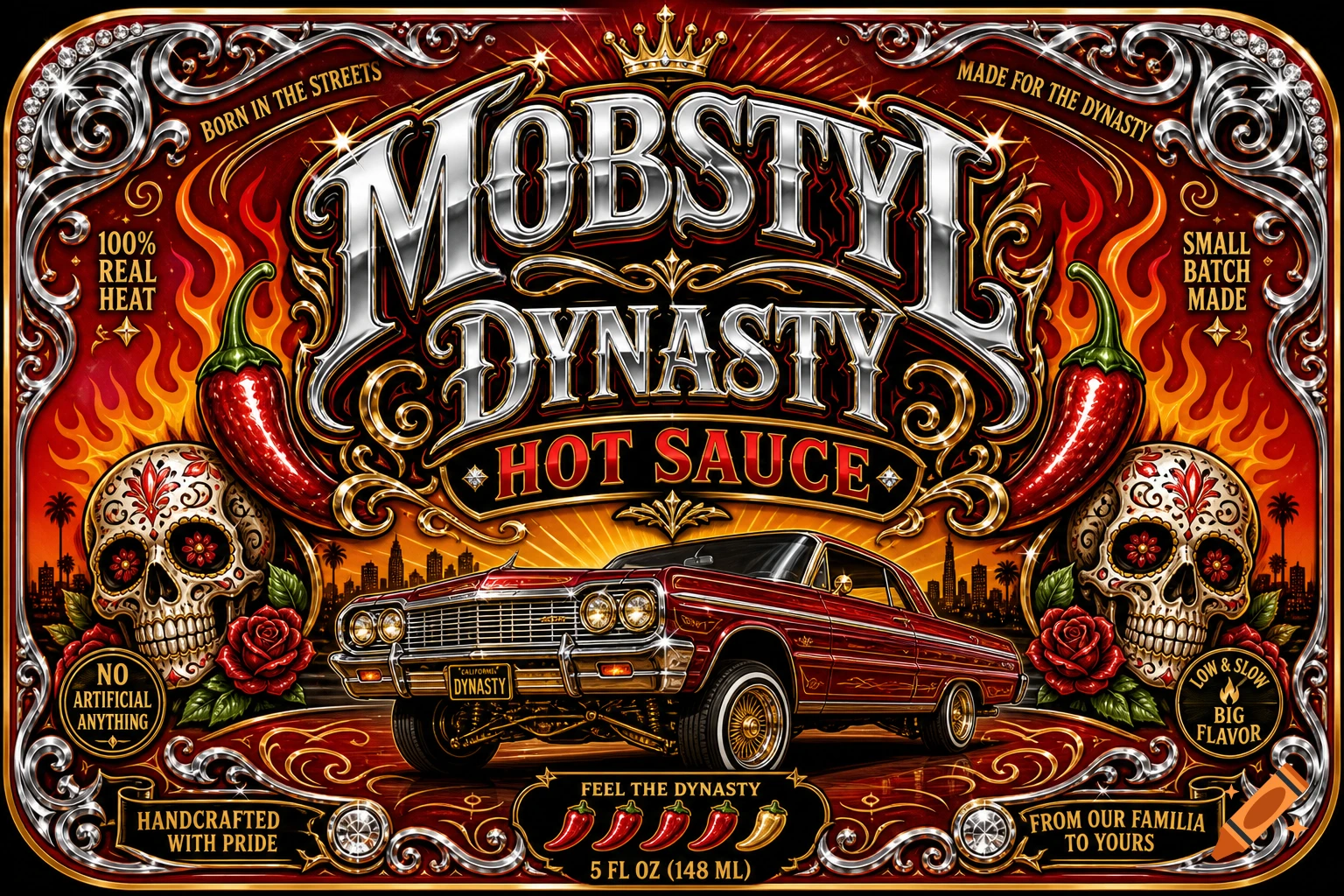 A highly detailed, ornate hot sauce label with a lowrider car, sugar skulls, chili peppers, and flames against a red background, featuring chrome and gold lettering for "MOBSTYL DYNASTY HOT SAUCE".