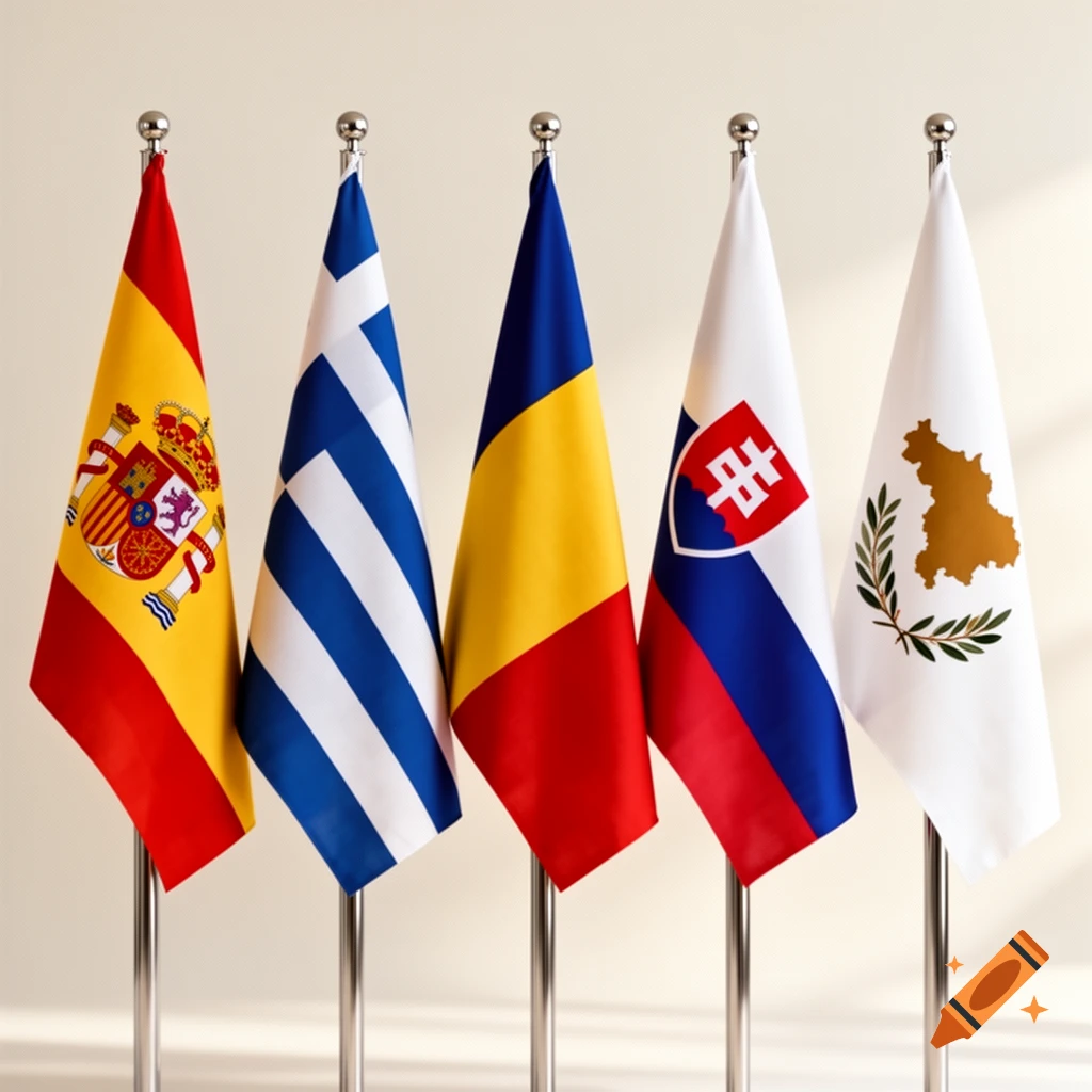Five national flags on stands: Spain, Greece, Romania, Slovakia, and Cyprus, on a plain background.