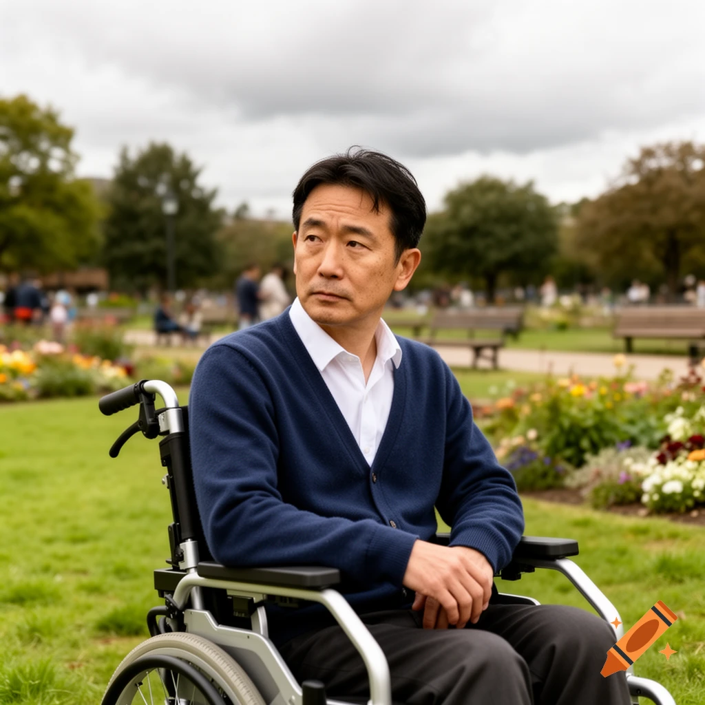 Photorealistic portrait of a Japanese man in a wheelchair, looking pensive in a park with flowers and trees.