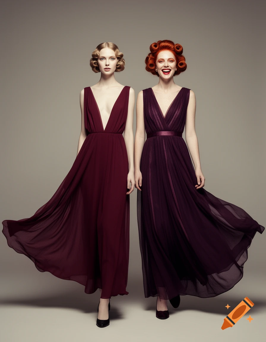 Two women in elegant deep red and purple flowing gowns pose in a studio, one with blonde waves, the other with red curls.