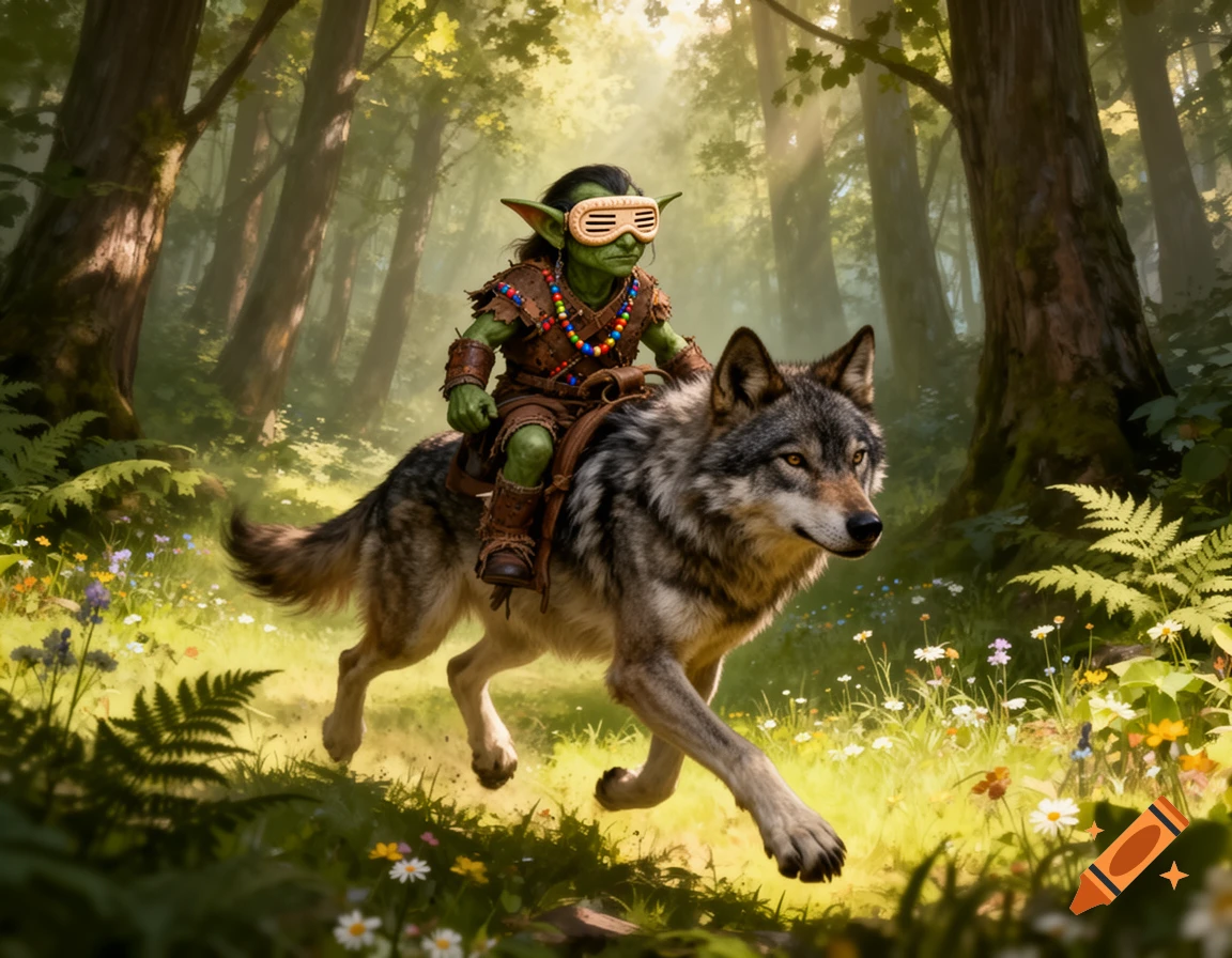 A green goblin with futuristic goggles rides a wolf through a sun-dappled forest filled with wildflowers.