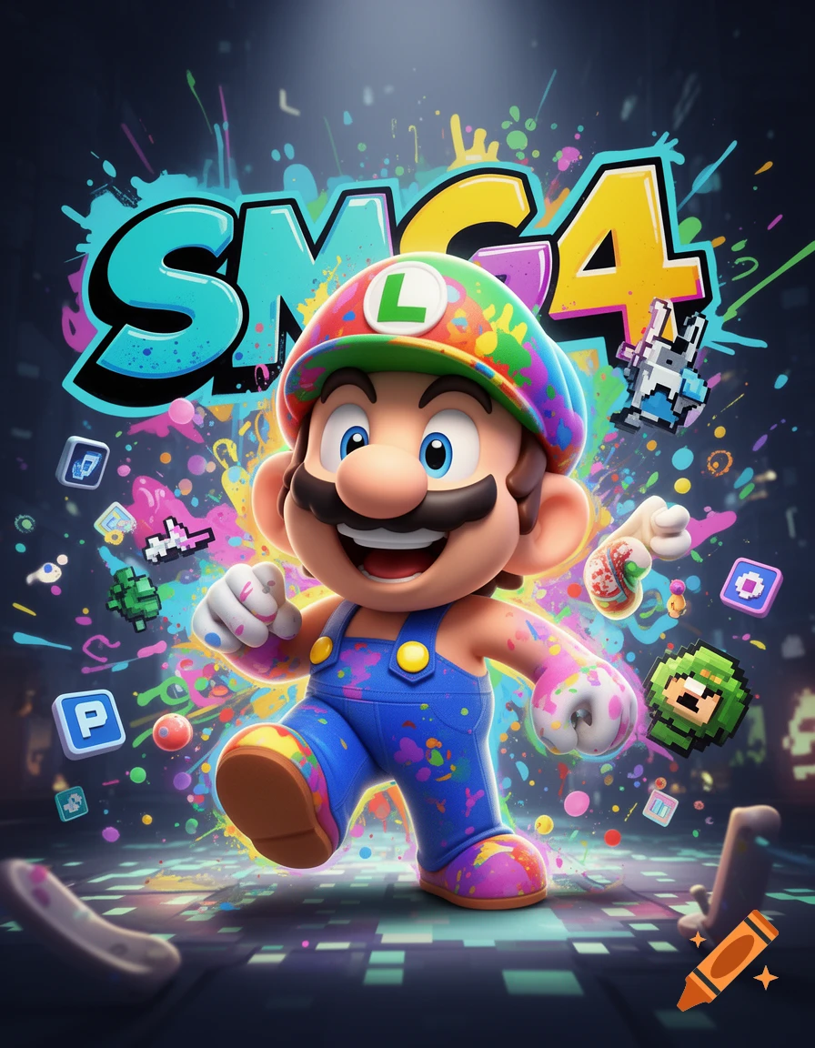 Mario in a vibrant, paint-splattered outfit runs against a dark background with SMG4 text and pixel art elements.