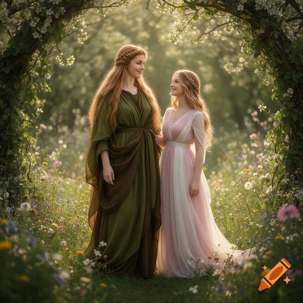 Two women with long red hair and braided details, dressed in flowing gowns, stand in a lush flower-filled garden under a floral arch.