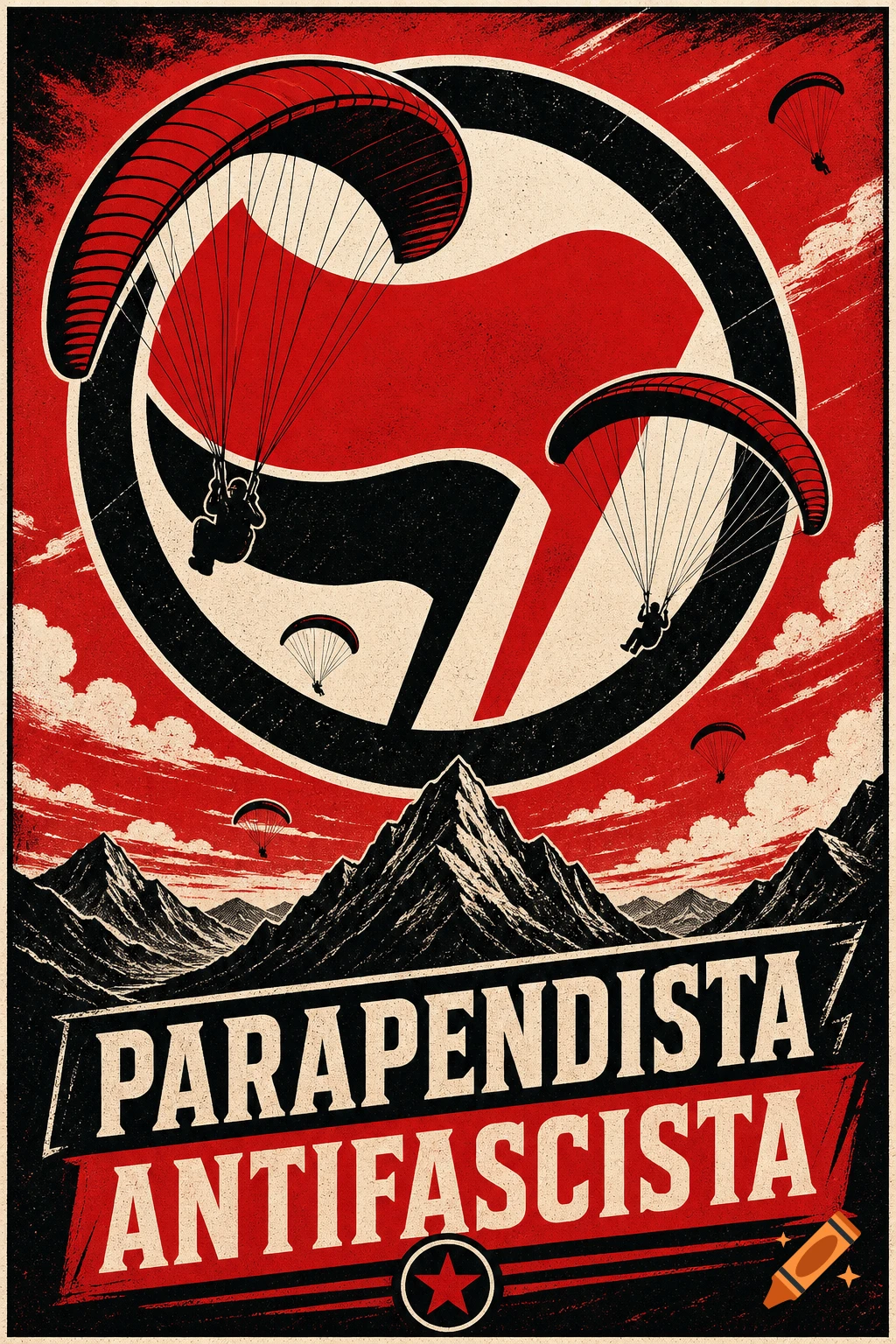 Vintage anti-fascist poster with paragliders over mountains, an Antifa logo, and text 'Parapendista Antifascista'.