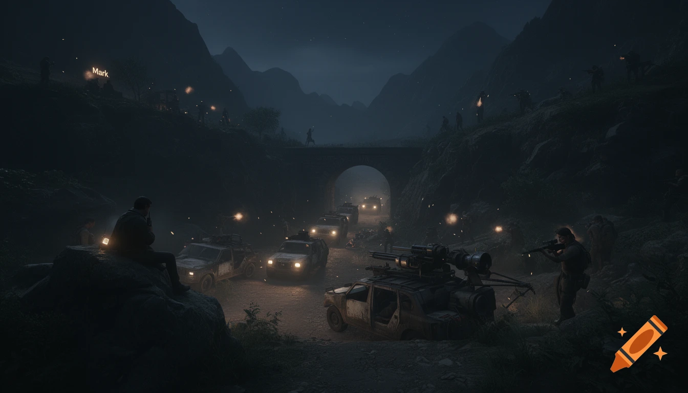 A nighttime scene of an armed convoy ambushed in a dark, mountainous valley, with figures on hillsides, vehicles, and glowing muzzle flashes.