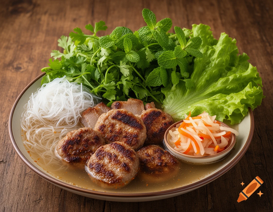 A plate of Vietnamese Bun Cha with grilled pork patties, vermicelli noodles, fresh herbs, lettuce, and pickled vegetables in broth on a wooden table.