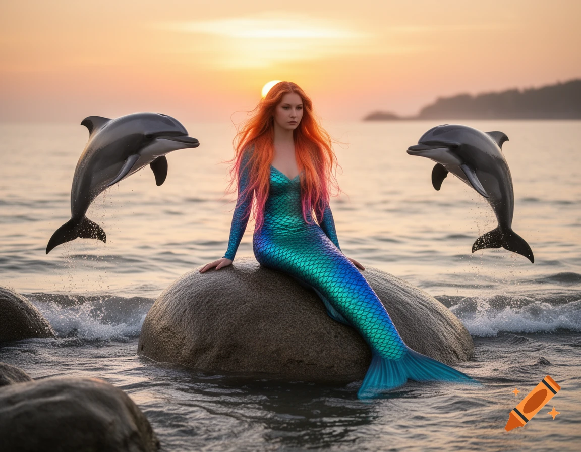 A mermaid with long red hair and a shimmering blue-green tail sits on a rock in the ocean as two dolphins jump nearby during sunset, photorealistic.