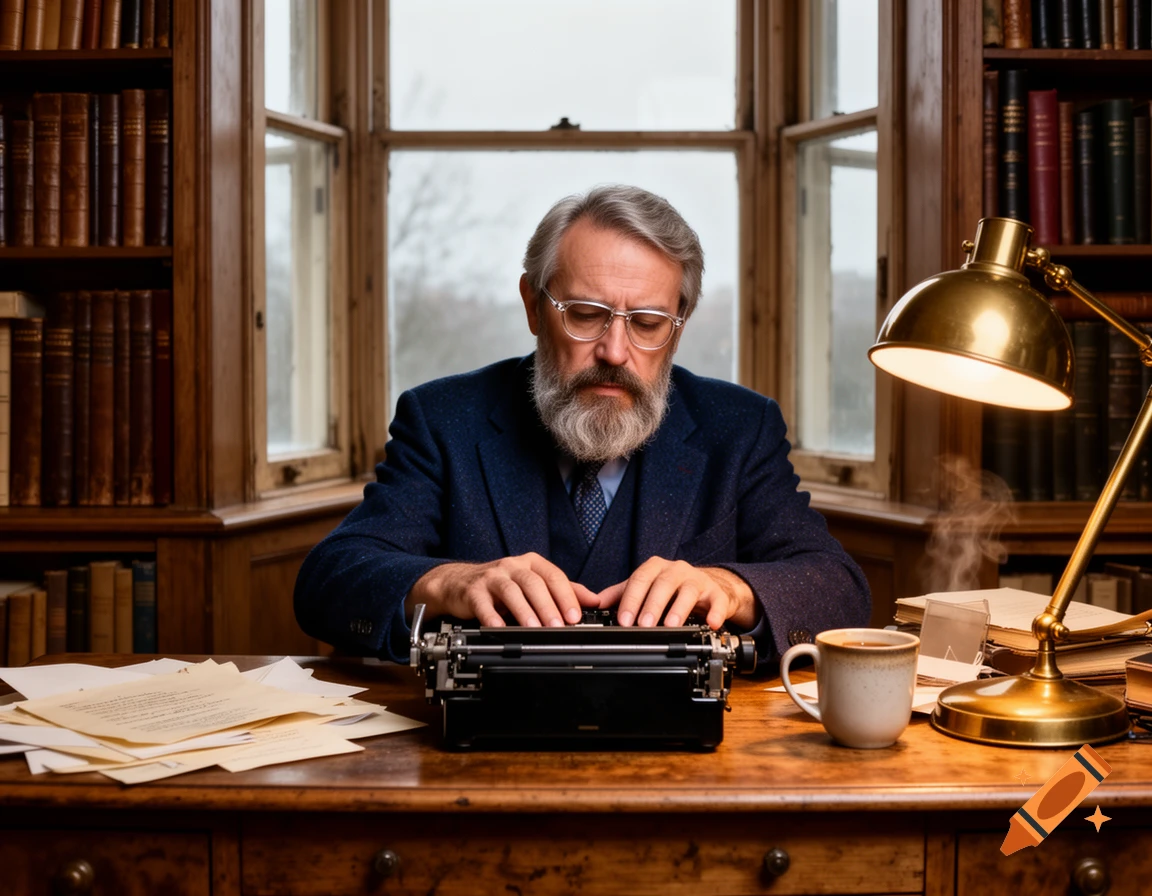 A distinguished writer with a beard and glasses types on an antique typewriter at a wooden desk in a library.