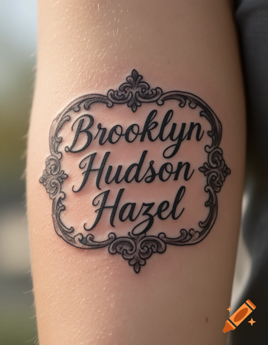 Close-up of a decorative tattoo on an arm, featuring the script names 'Brooklyn', 'Hudson', and 'Hazel' within an ornate frame.