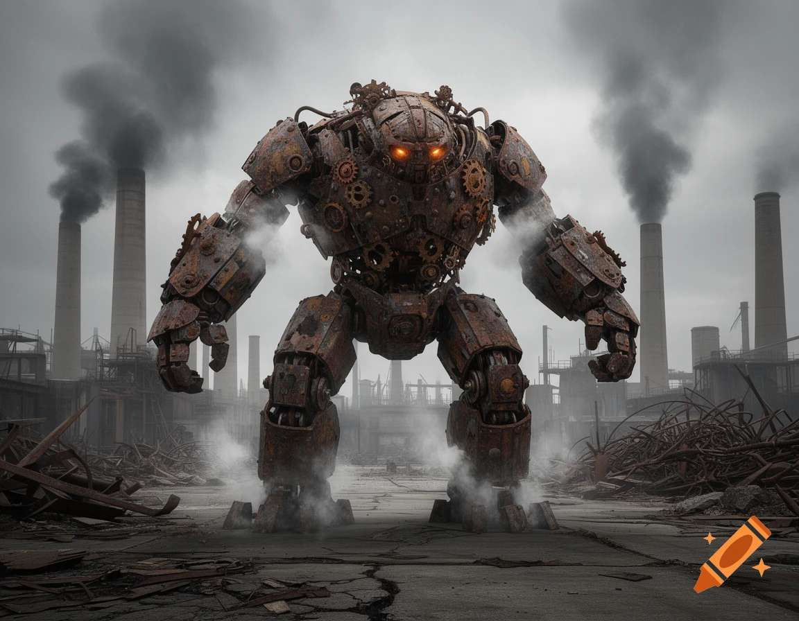 Photorealistic image of a giant rusty steampunk robot with glowing eyes, standing in an industrial wasteland with smoking factory chimneys.