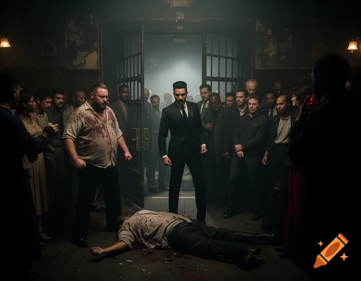 A photorealistic, gritty scene with a man in a suit entering a dark room where a man lies on a bloody floor and other men watch.