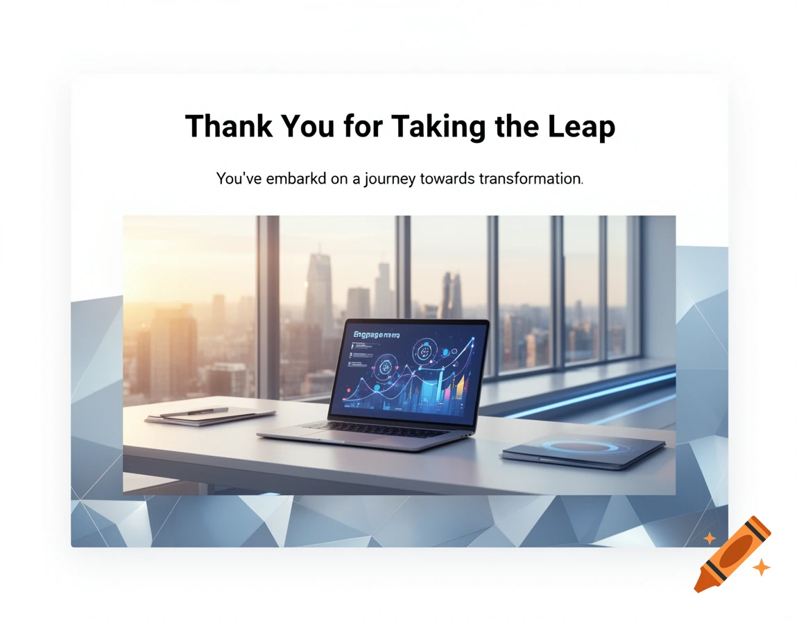 A professional thank you landing page with a laptop on a white desk in a modern office with a city skyline view.