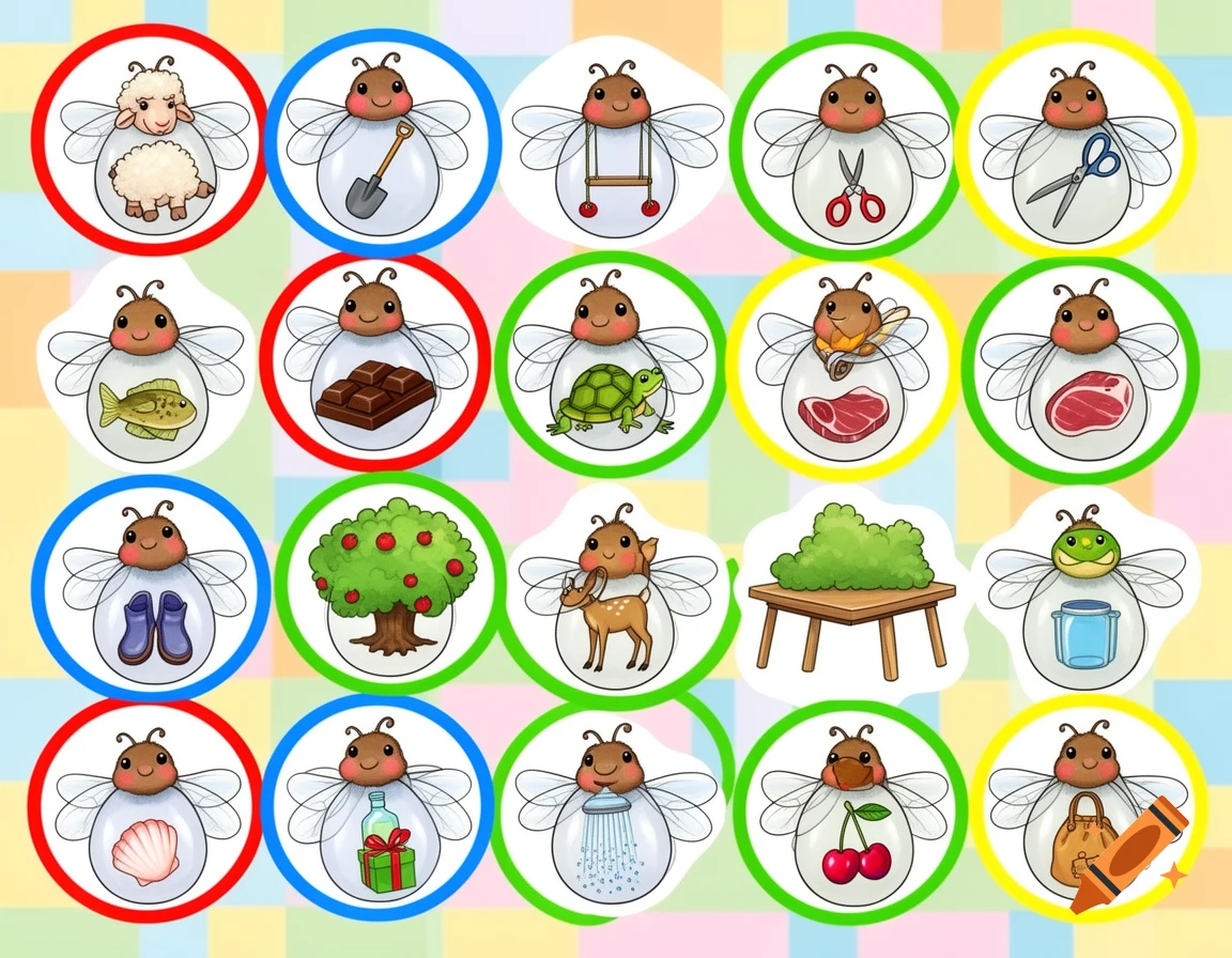 A grid of cute cartoon flies in colorful circles, each containing a different object like a sheep, shovel, chocolate, or cherries.