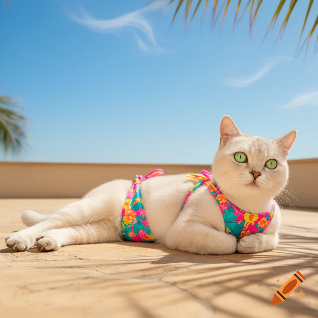 A white cat with green eyes lounges on a sunny outdoor patio, wearing a colorful floral bikini. Shadows of palm fronds fall on the ground.