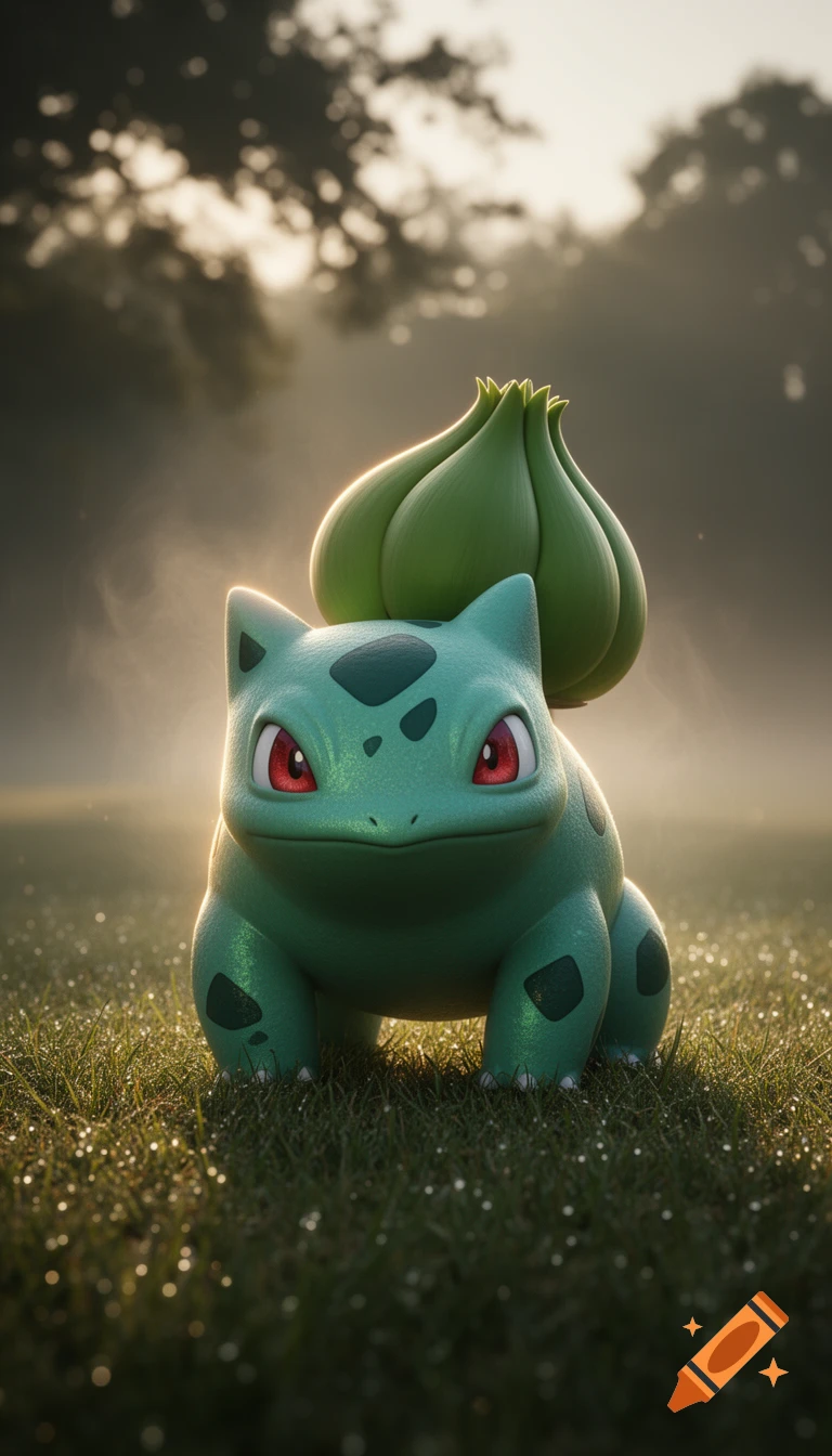 Photorealistic Bulbasaur standing in dewy grass at dawn with a misty background.