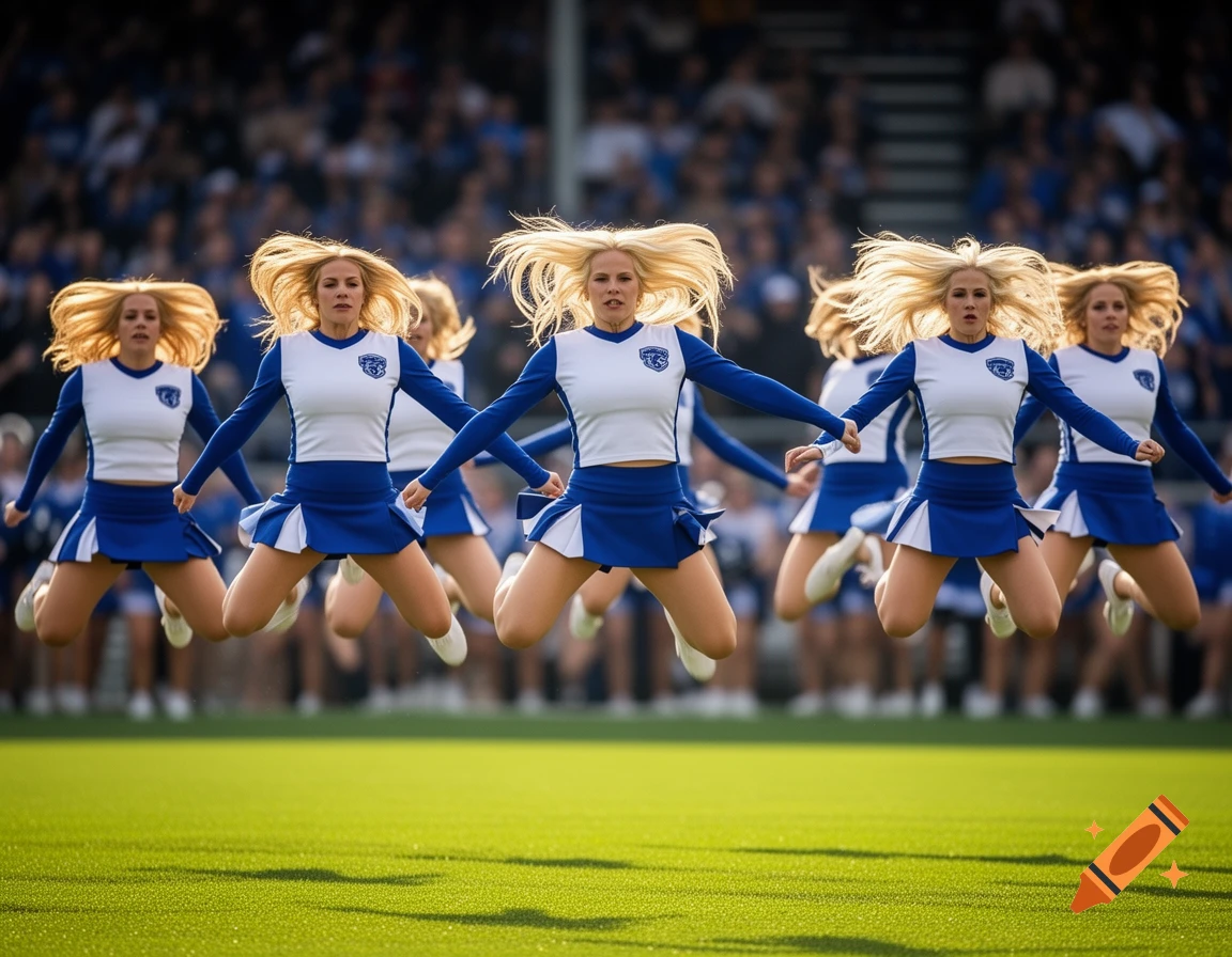 Blonde cheerleaders in blue and white uniforms jump in unison on a green sports field with a blurred stadium crowd.