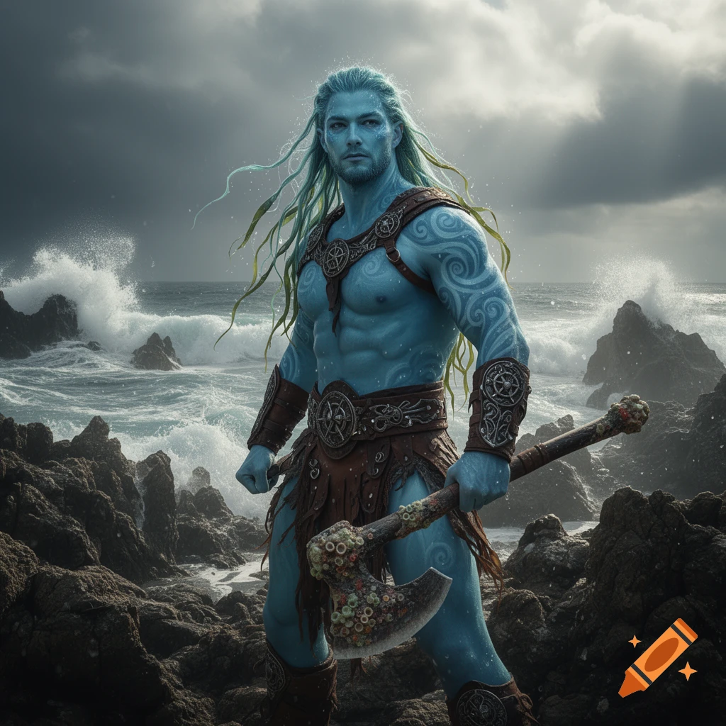 A muscular blue-skinned water genasi barbarian with long blue-green hair stands on a rocky coast with an axe, stormy seas behind him.
