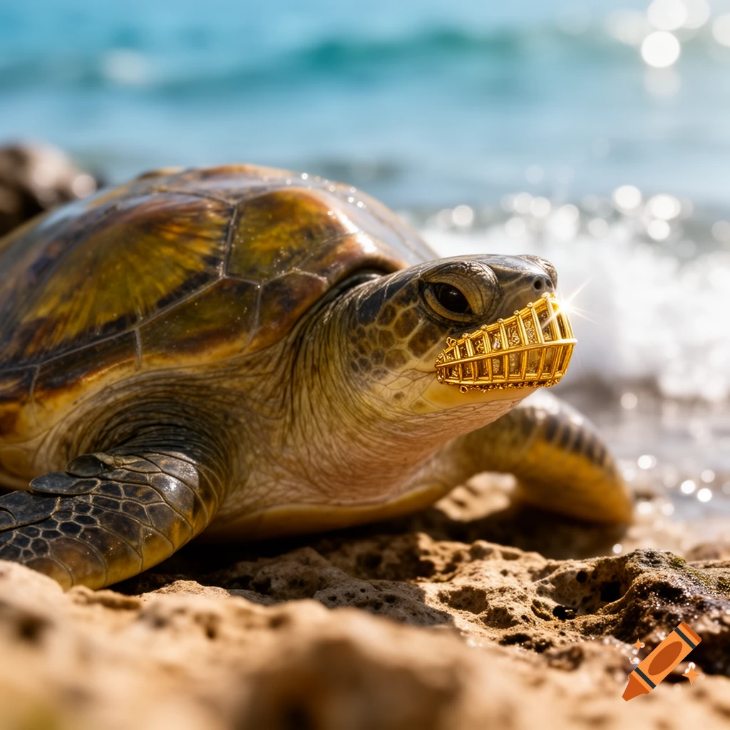 A photorealistic sea turtle on a sandy beach wears a golden grill on its mouth, with blue ocean water in the background.