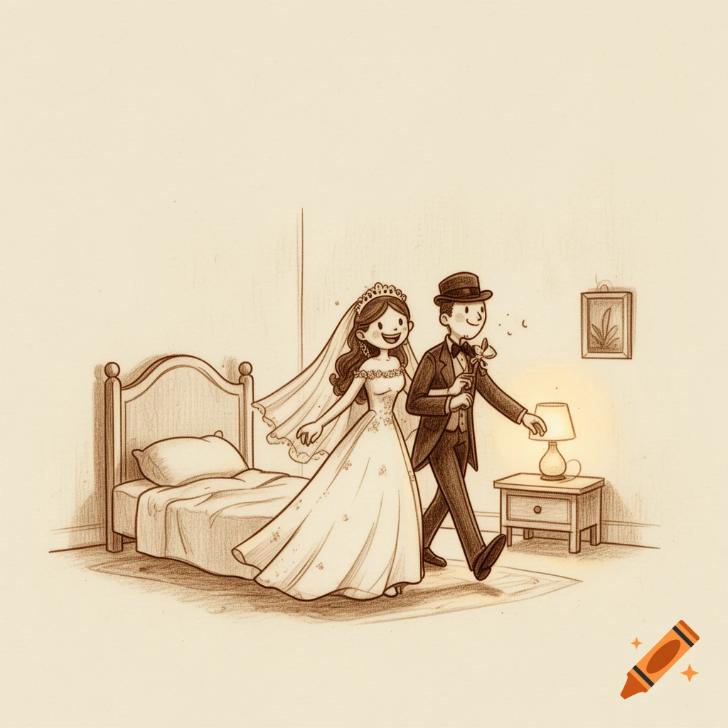 Sepia-toned cartoon sketch of a smiling bride and groom walking towards a bed, groom reaching for a lamp.