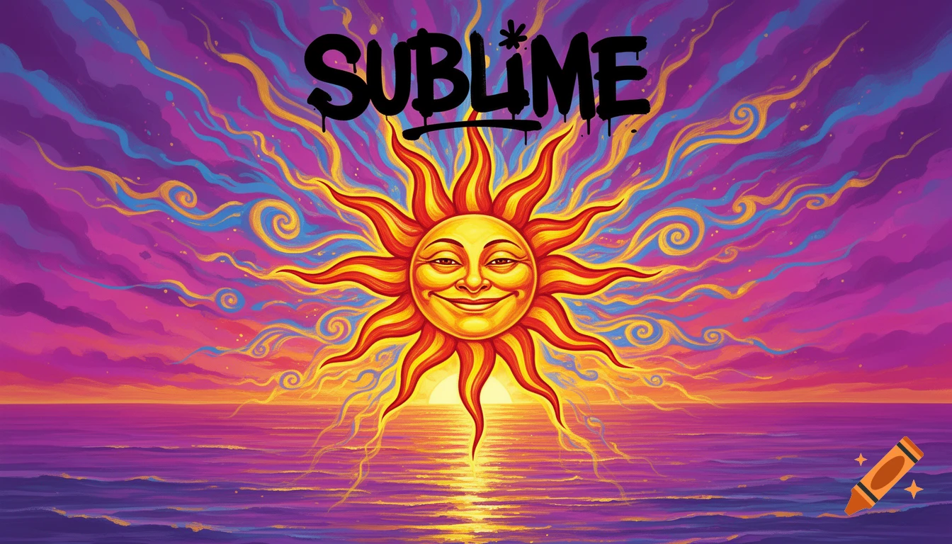 Vibrant stylized art depicting a smiling sun over a sunset ocean, with wavy clouds and the word 'SUBLIME' above.