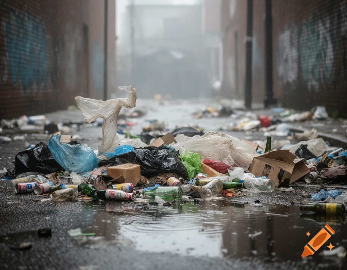 A rain-soaked alleyway filled with a large pile of discarded trash including plastic, cardboard, bottles, and cans.