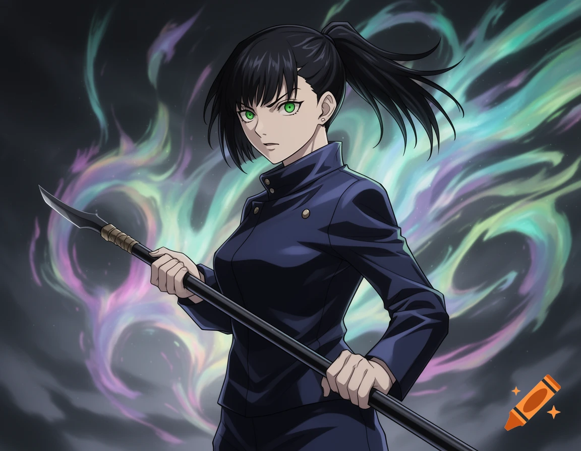 Anime character Maki Zenin from Jujutsu Kaisen, with dark hair and green eyes, holding a spear against a smoky, colorful background.
