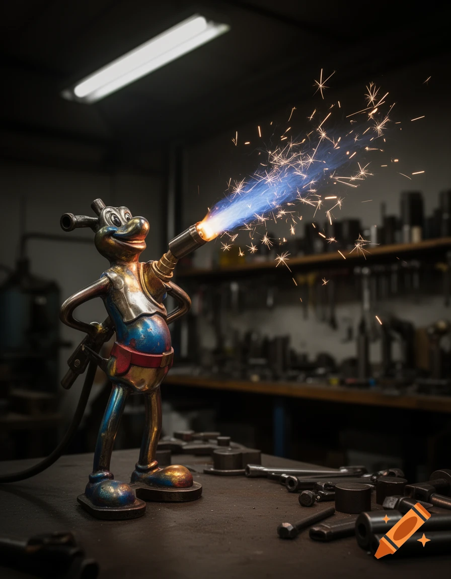 A metallic cartoon figure wielding a torch with blue flame and sparks on a workshop table filled with tools.