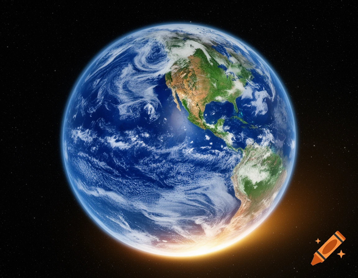 Photorealistic view of Earth from space, showing North and South America, clouds, oceans, and a sunrise glow.