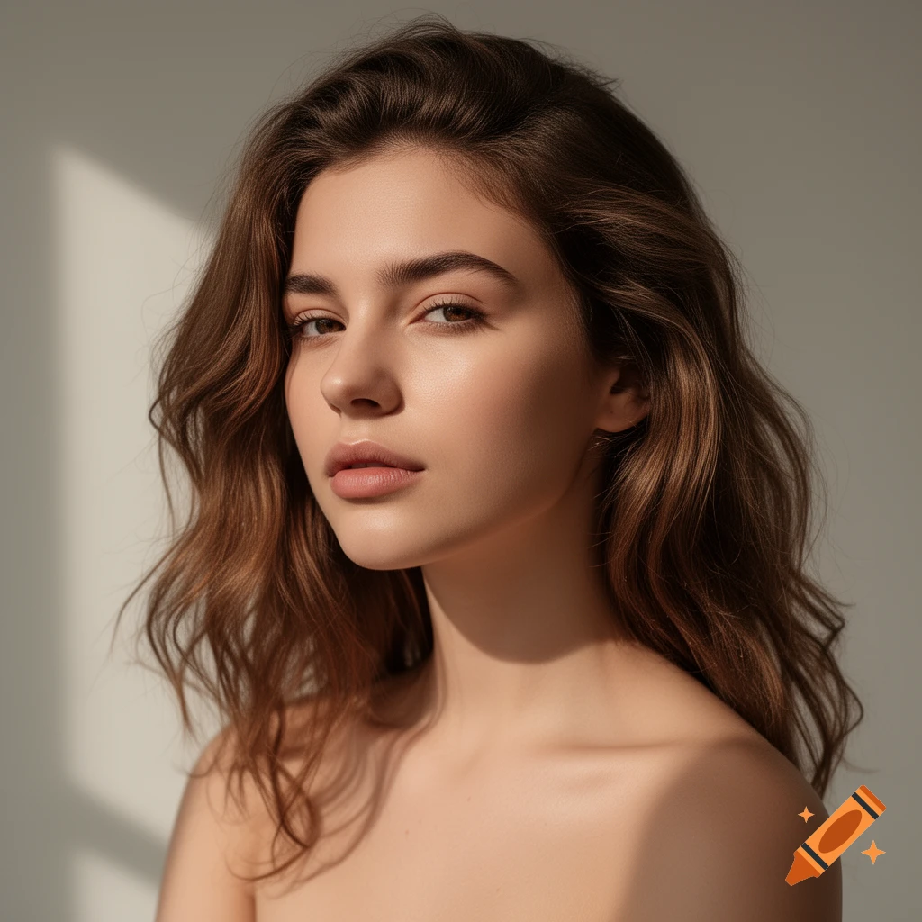 Photorealistic portrait of a young woman with long brown wavy hair, looking at the viewer, with light and shadow.