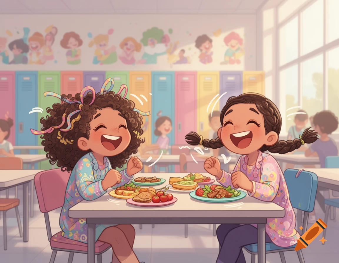 Two happy cartoon girls laugh while eating lunch at a school cafeteria table.