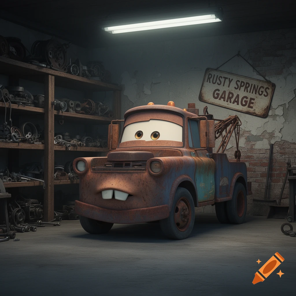 A rusty, sad-looking tow truck resembling Mater from Cars sits in a dimly lit garage with a 'Rusty Springs Garage' sign.