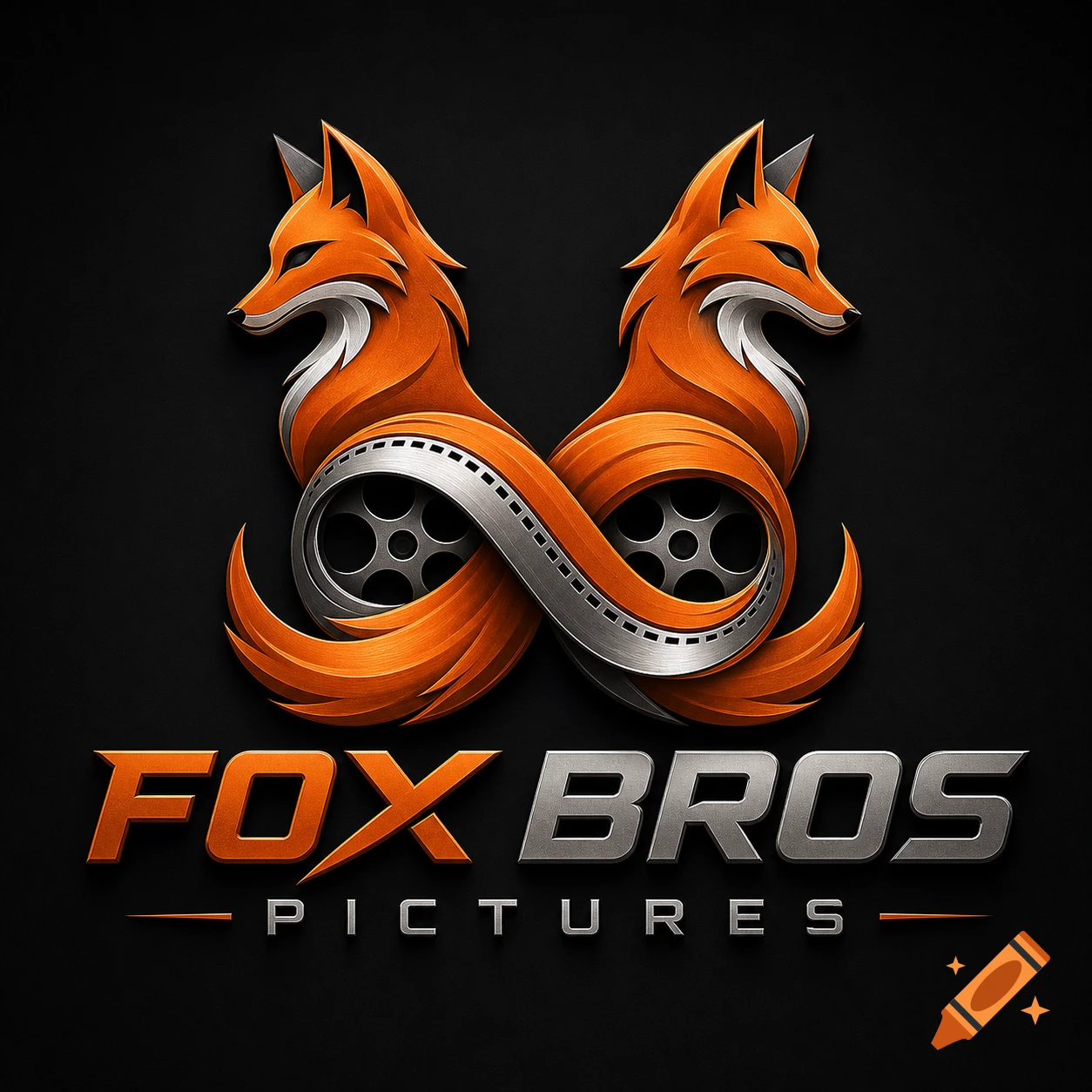 Stylized orange fox logo with film reels forming an infinity symbol above metallic text 'FOX BROS PICTURES' on black.