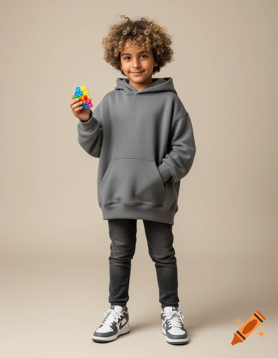 A young boy with curly hair stands in a grey oversized hoodie and dark jeans, holding a colorful fidget toy.