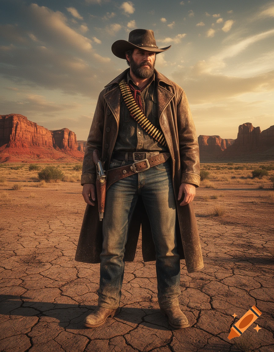 A rugged cowboy with a beard and hat stands in a cracked desert landscape with mesas under a cloudy sky.