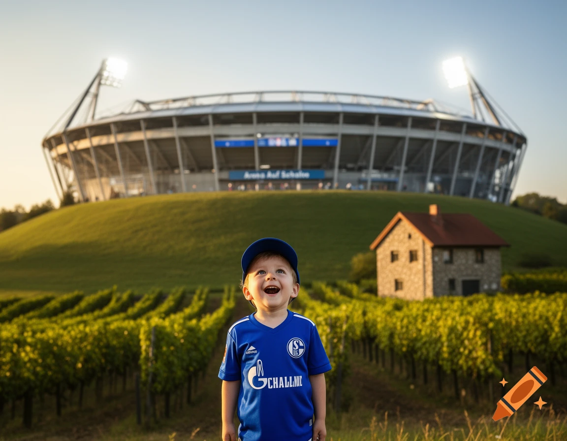 Smiling child in a blue football jersey and cap, looking up, with vineyards, a stone house, and a stadium in a sunny landscape.