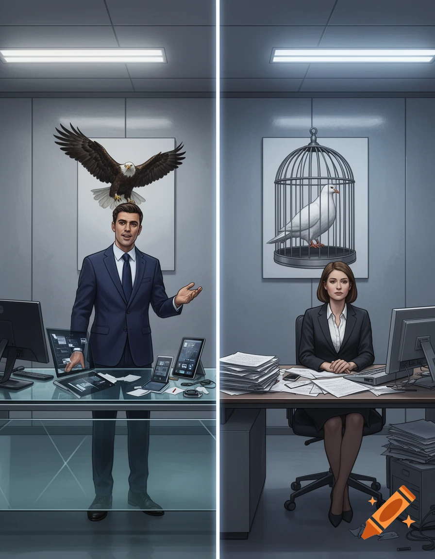 A split image shows a man with an eagle above him and technology on his desk, contrasted with a woman with a caged dove and stacks of paperwork.