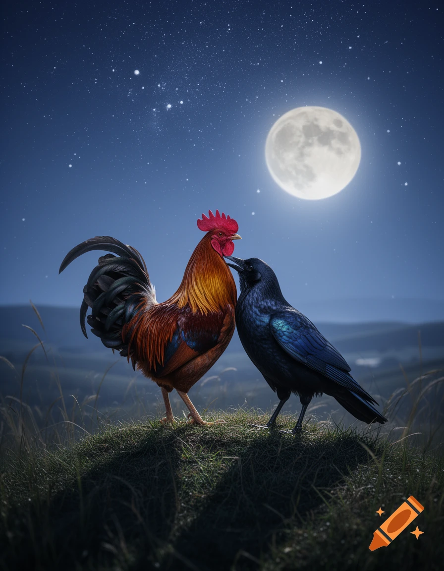 A vibrant rooster and a glossy black crow stand on a grassy hill, silhouetted against a large full moon and starry night sky.