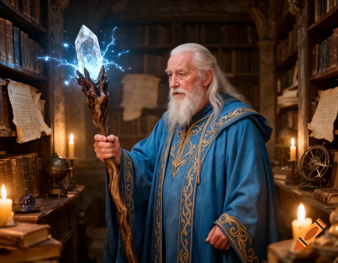 An old wizard in a blue robe holds a glowing crystal staff in a candlelit library.
