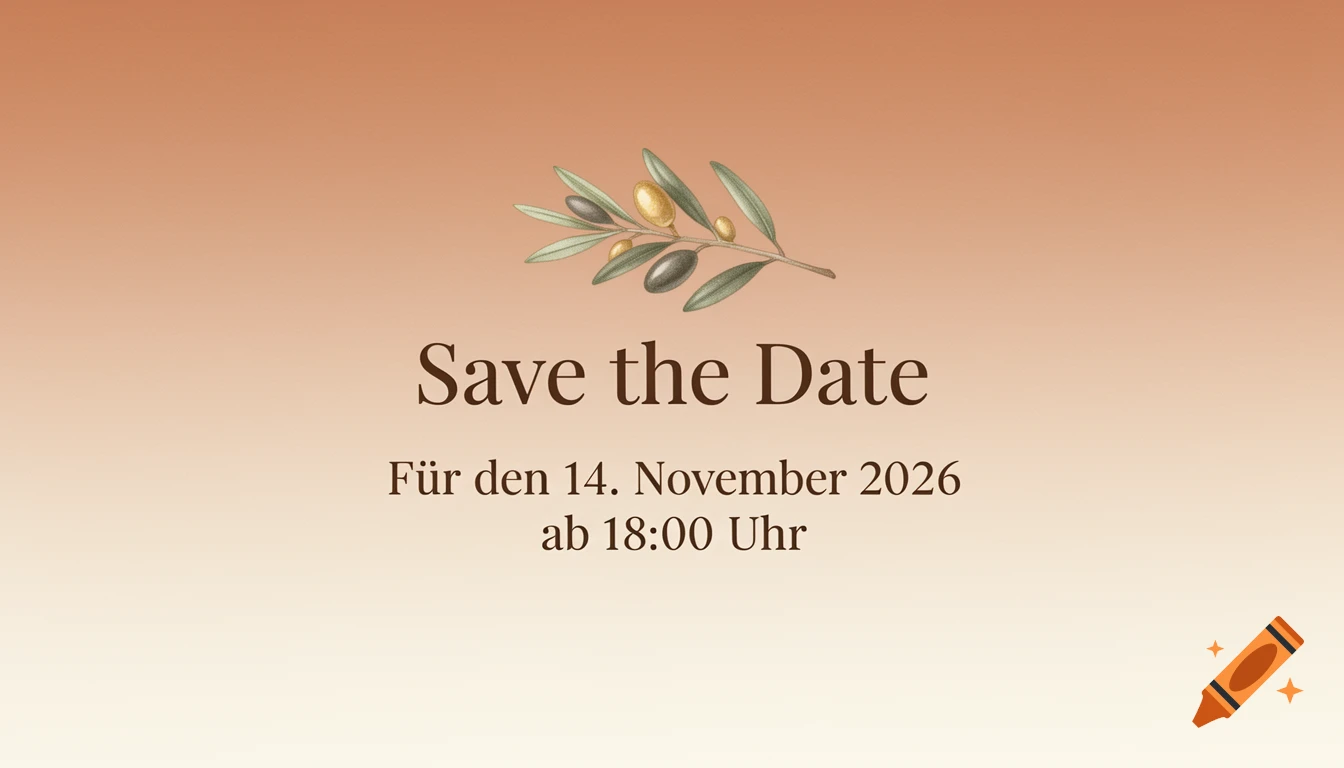 A 'Save the Date' card with an olive branch, stating 'Save the Date' and event details, on an orange-beige gradient background.