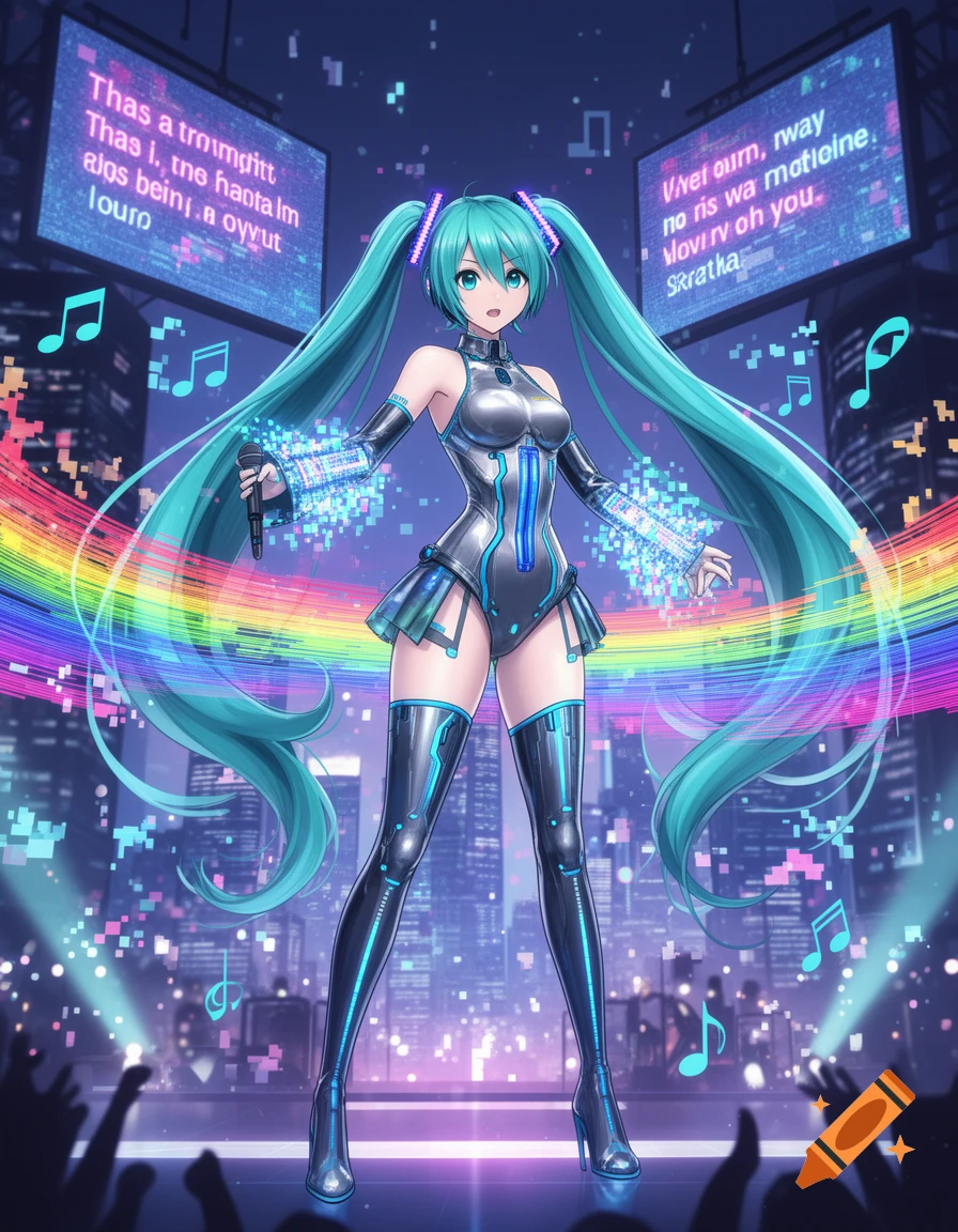Hatsune Miku performs on a futuristic stage in a city at night, surrounded by digital light effects and a rainbow arch.