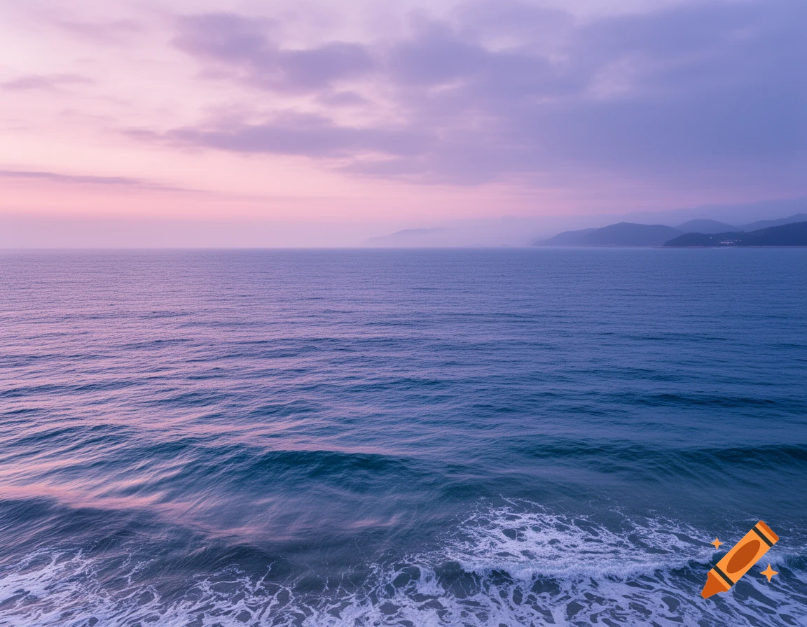 A serene ocean view at sunrise or sunset, with purple and pink sky over vast blue water and distant mountains.