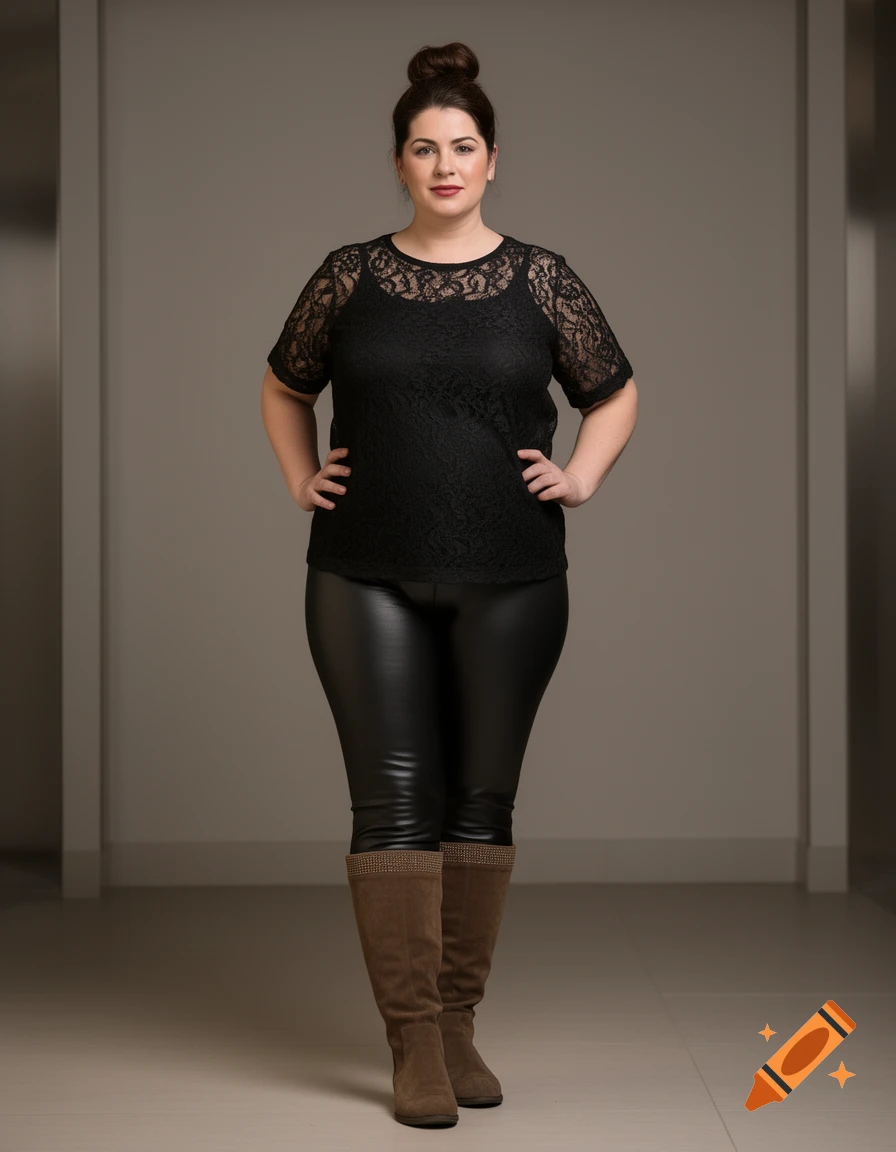 A woman with a bun wears a black lace top, black faux leather leggings, and brown suede knee-high boots, standing in a minimalist room.