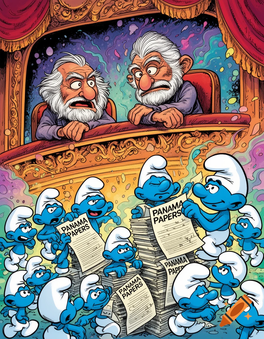 Cartoon of Statler and Waldorf looking shocked from a theater box as Smurfs handle piles of 'Panama Papers' below.