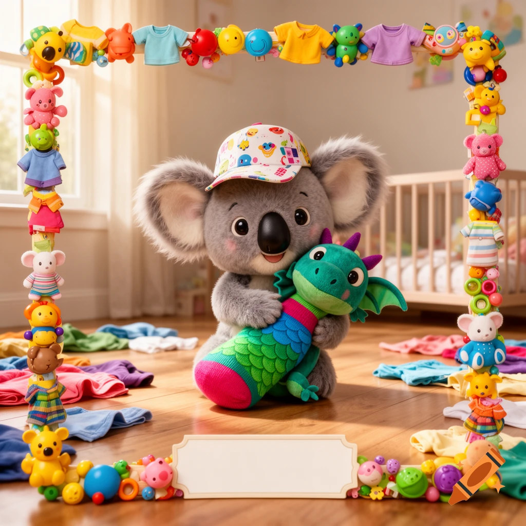 A cute koala wearing a patterned cap hugs a green dragon plush toy in a nursery, framed by colorful baby toys and clothes.