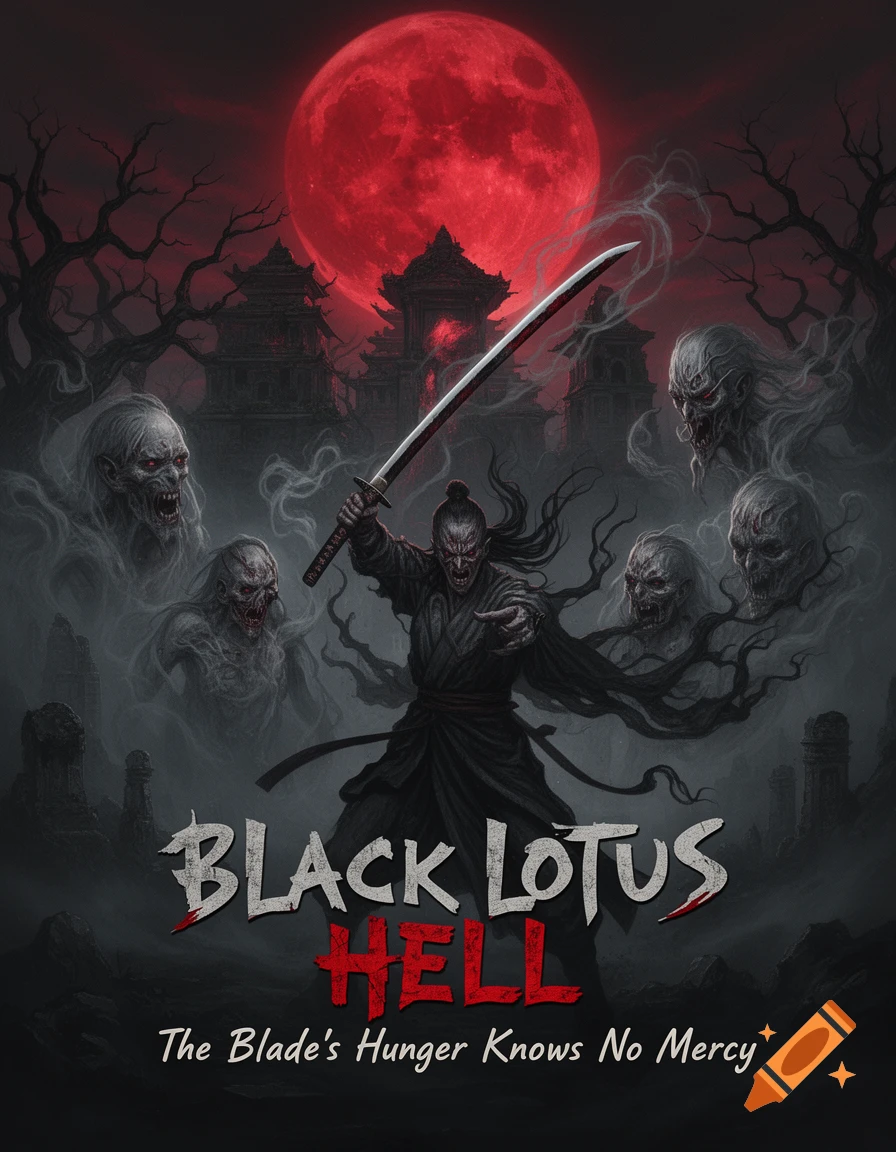 A dark fantasy poster of a samurai under a blood-red moon, surrounded by ghostly figures, with text "Black Lotus Hell".