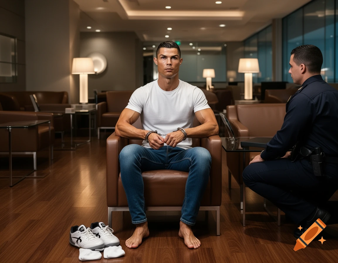 Cristiano Ronaldo, handcuffed and barefoot, sits in a VIP lounge chair with an officer nearby and his shoes on the floor.