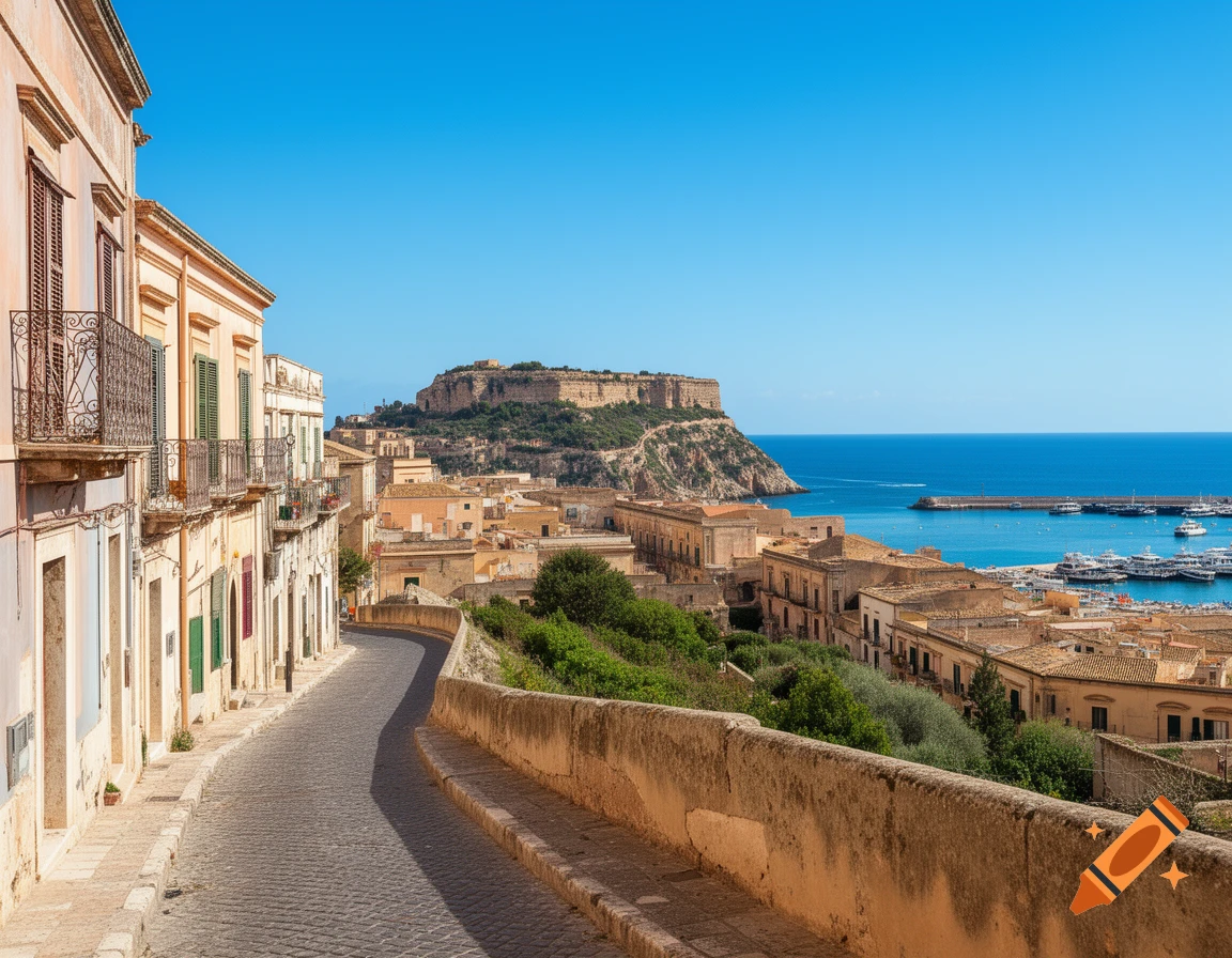 A cobblestone street curves through a historic coastal town with old buildings and a harbor, leading to a cliff and the sea.