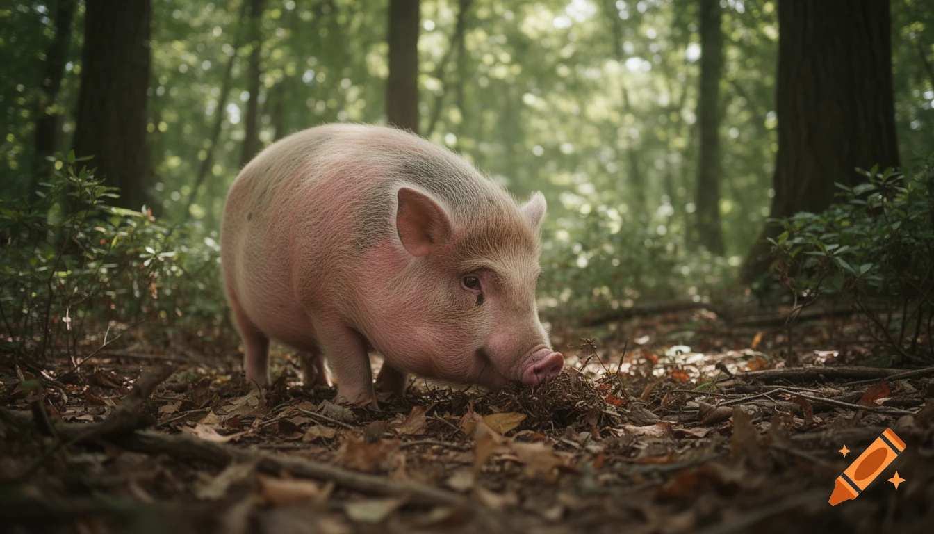 A cute pink pig sniffs the leaf-covered ground in a sun-dappled forest.