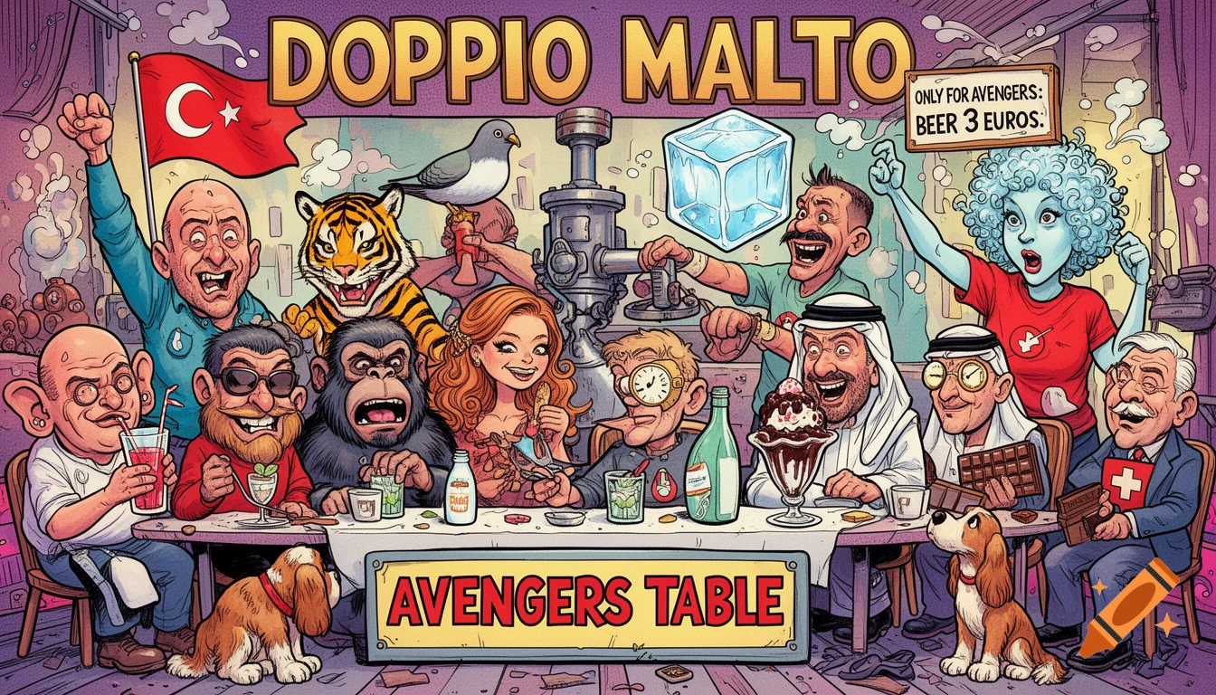 A colorful, surreal cartoon shows a diverse group of friends, including a tiger-woman, an ape, and people in various costumes, seated around a table labeled "AVENGERS TABLE," with signs for "DOPPIO MALTO" and "ONLY FOR AVENGERS: BEER 3 EUROS.".